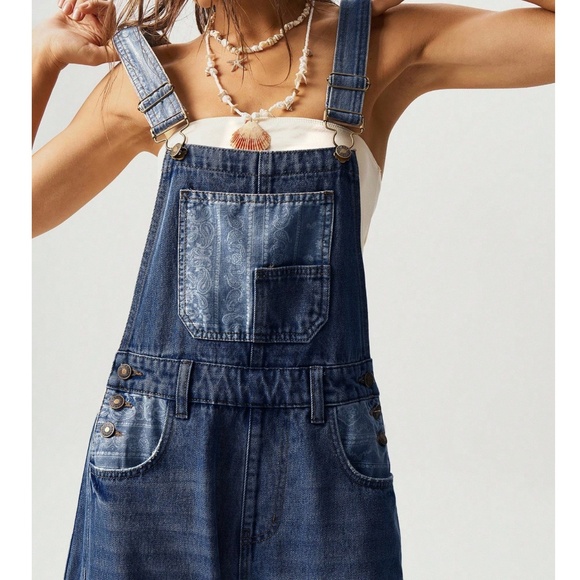 Boho Dark Wash Paisley print Button Wide Leg Denim Bib Overalls - Picture 12 of 12